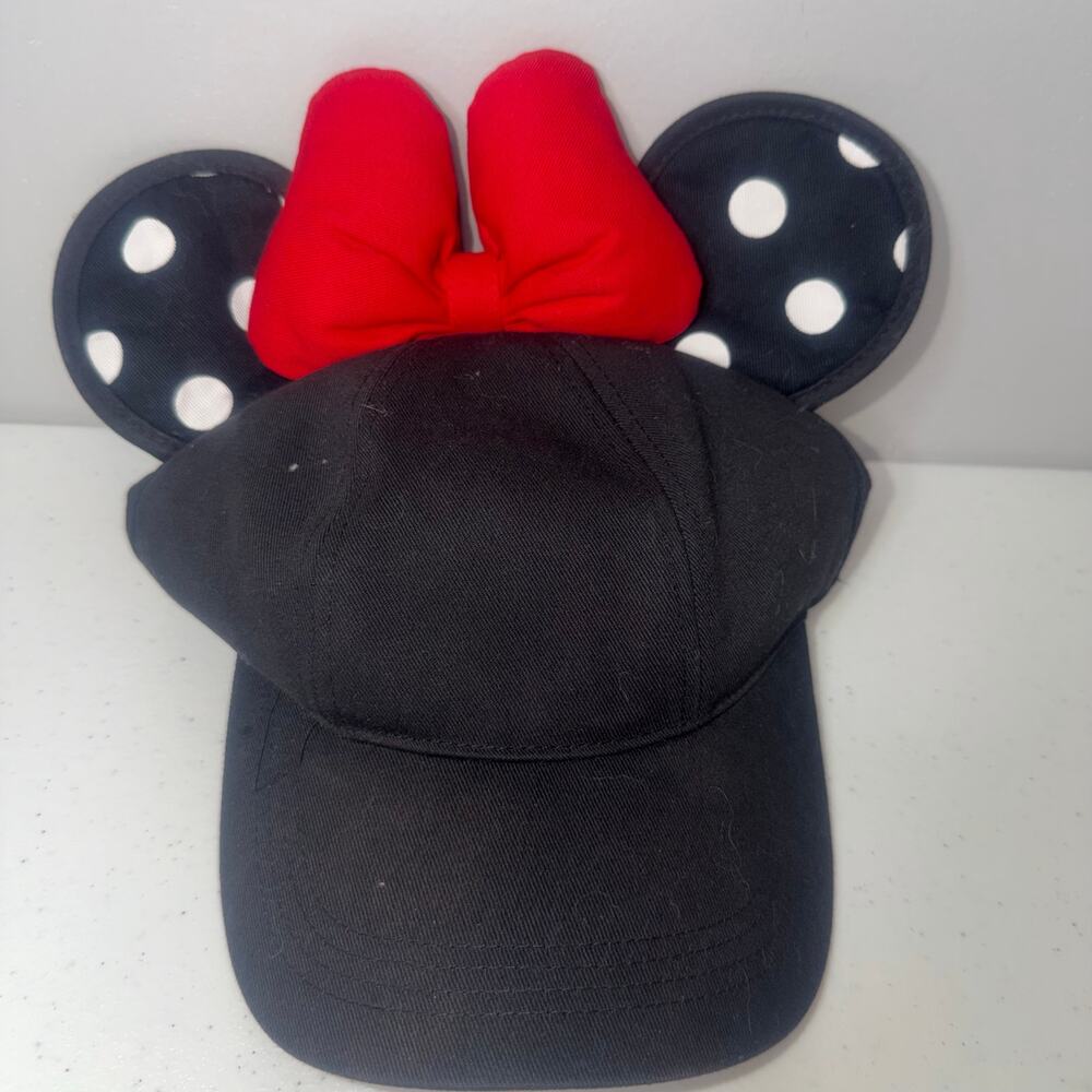 Disney Parks Women's Adjustable Hat Minnie Mouse Ears Cap Black Bow Polkadot